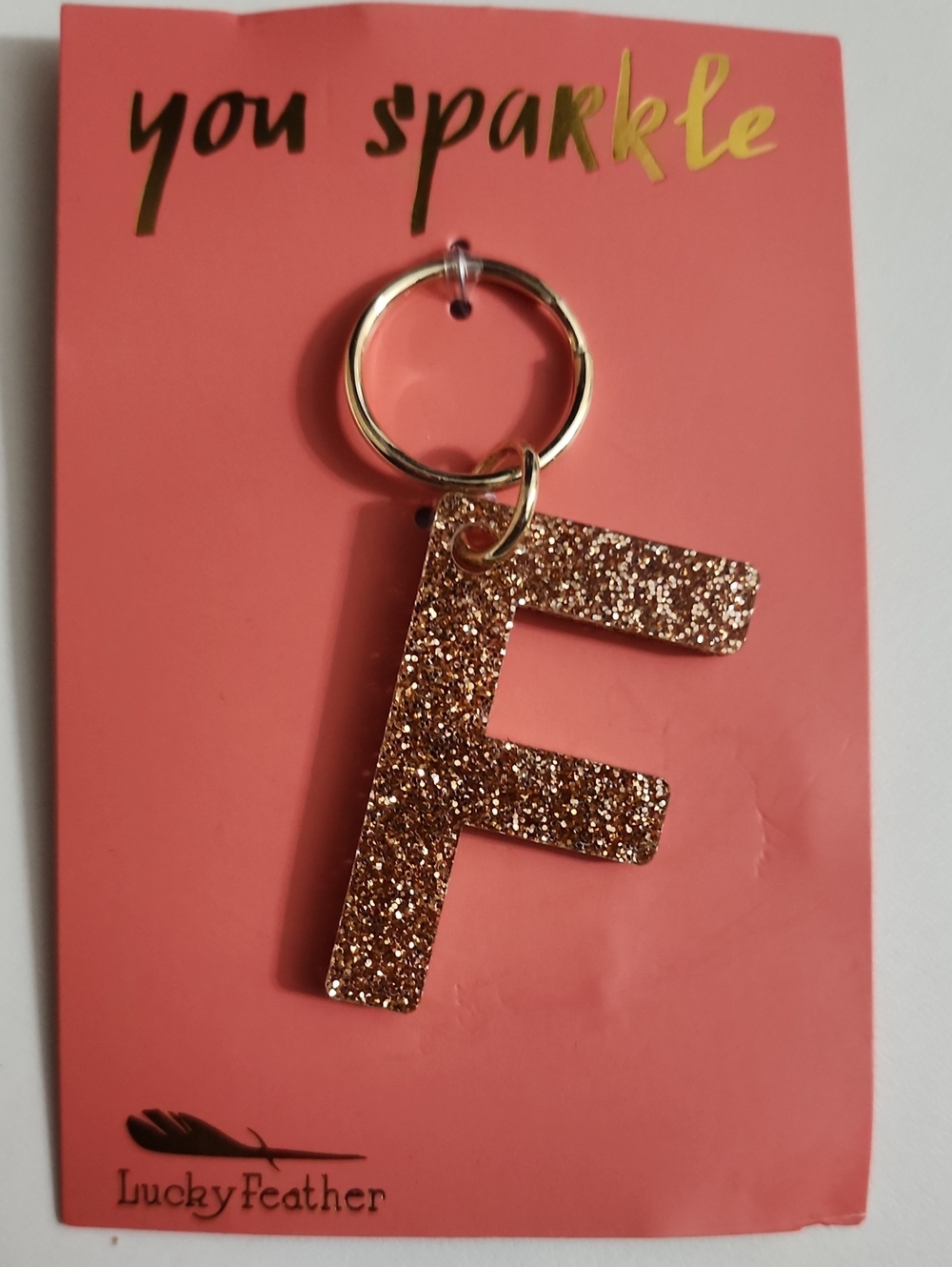 Lucky Feather Rose Gold Glitter 'F' Keychain